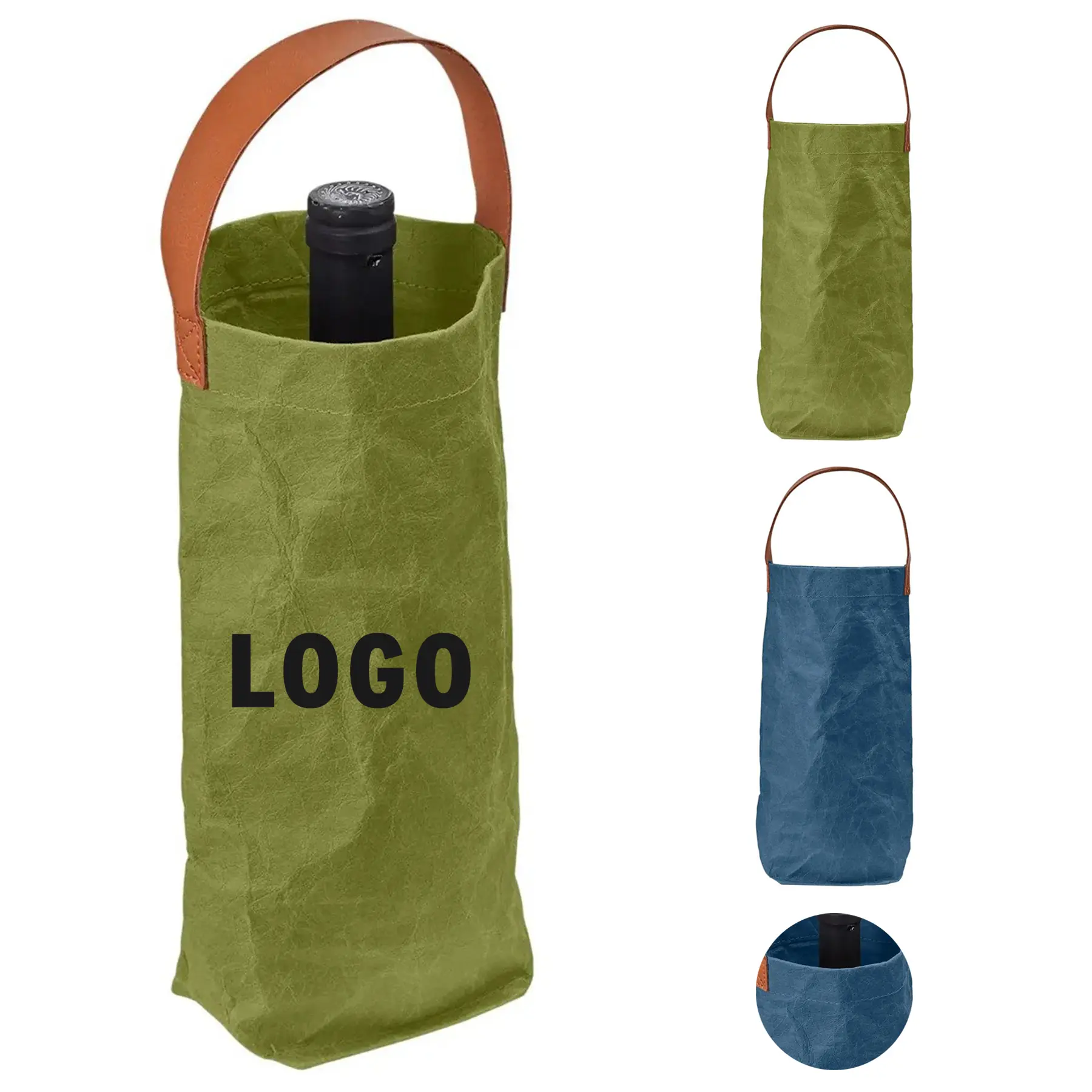 Washed Kraft Paper Wine Tote Bag Sturdy Handle Reusable 2