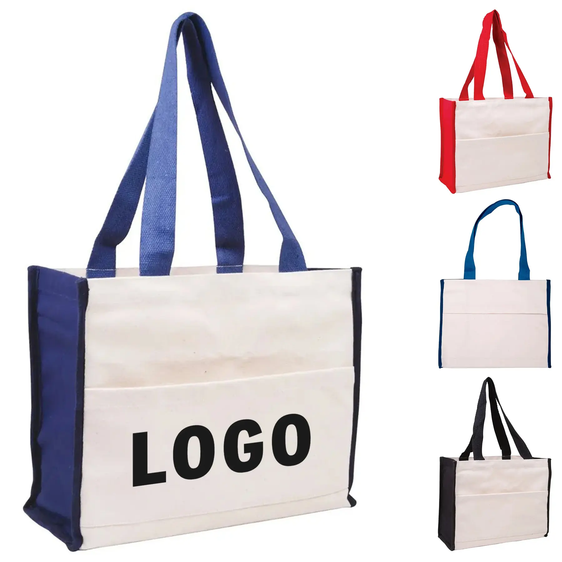 Heavy Duty Cotton Canvas Tote Bag Color Accent Gusset Front Pocket 2
