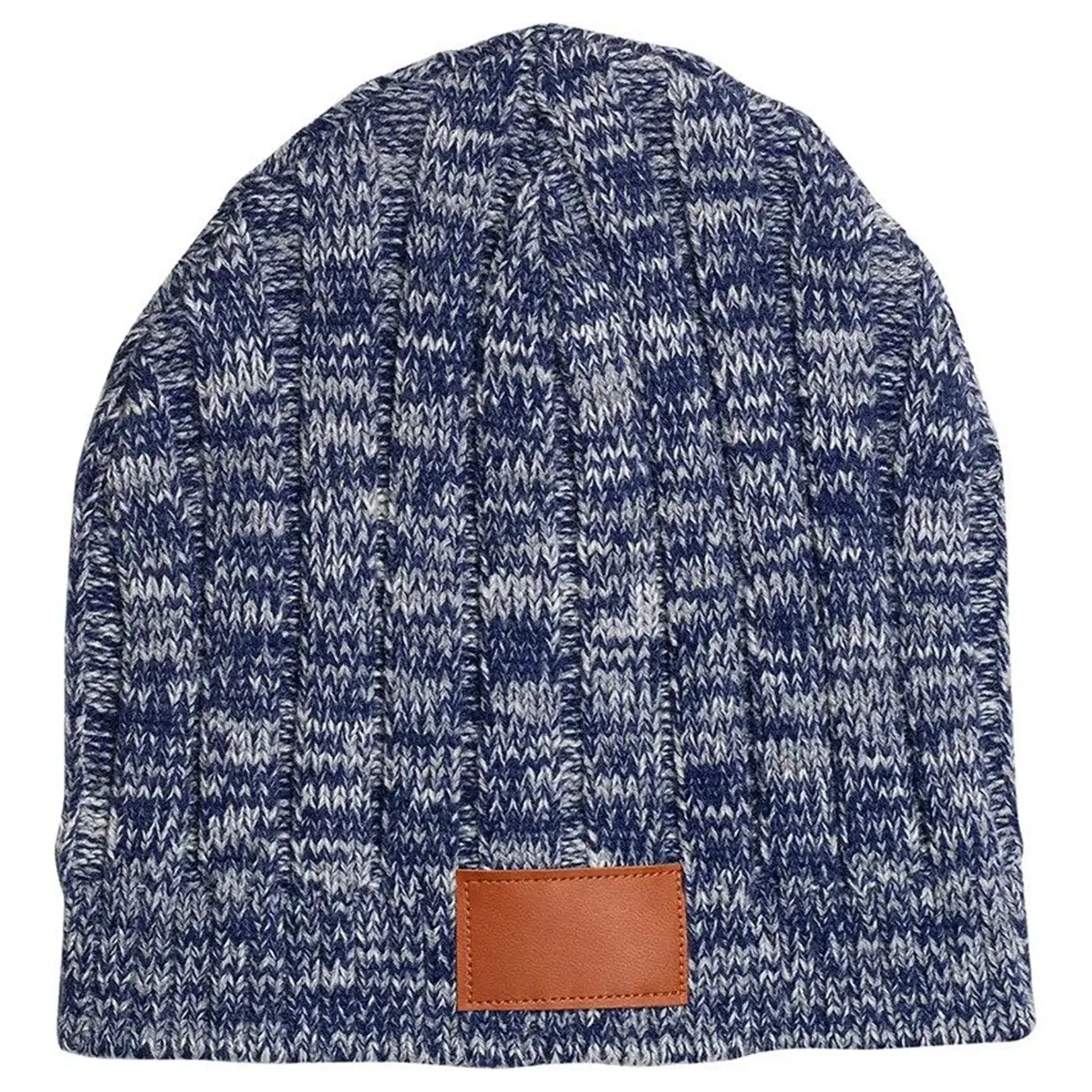 Heathered Acrylic Knit Beanie Faux Leather Patch Winter Hat