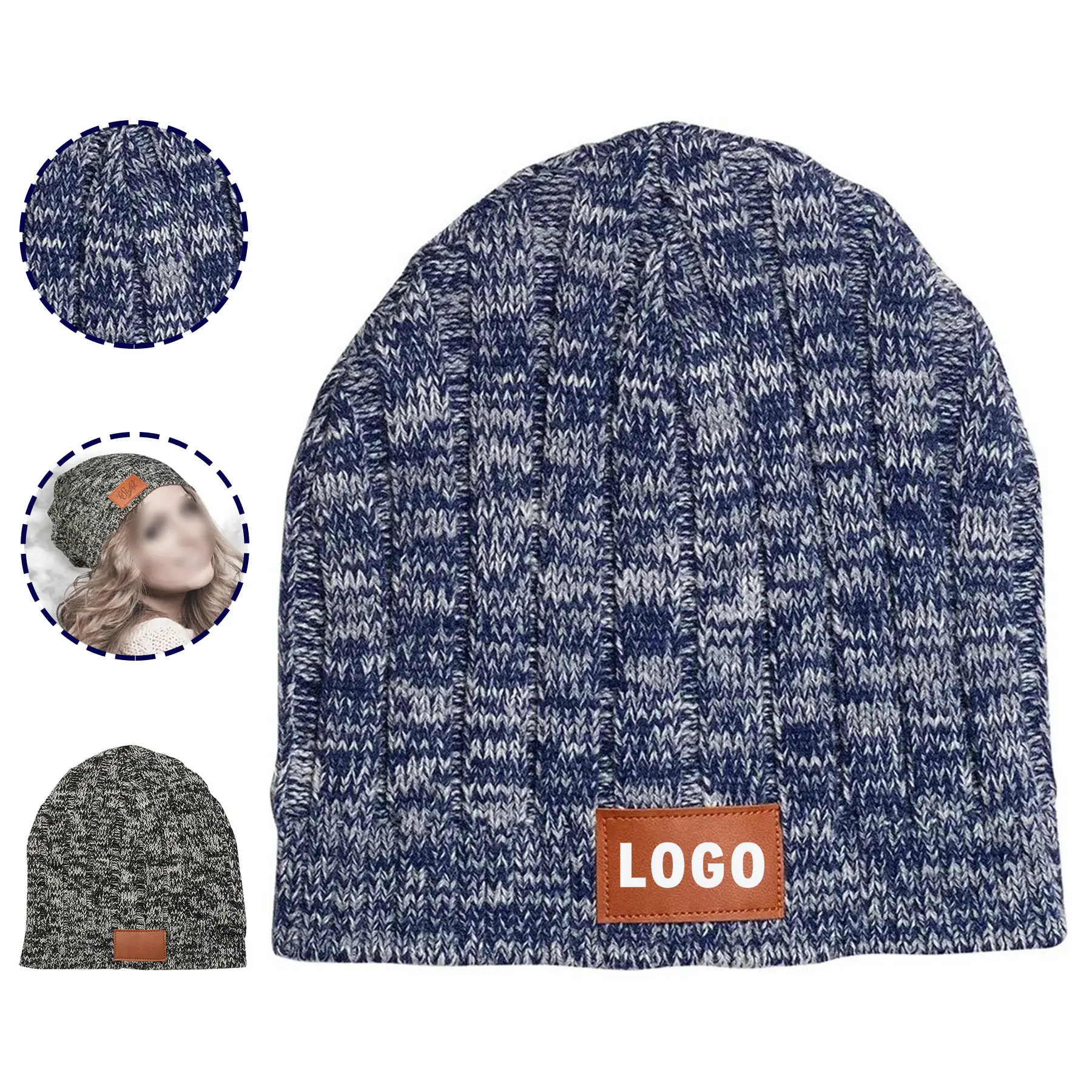 Heathered Acrylic Knit Beanie Faux Leather Patch Winter Hat 2