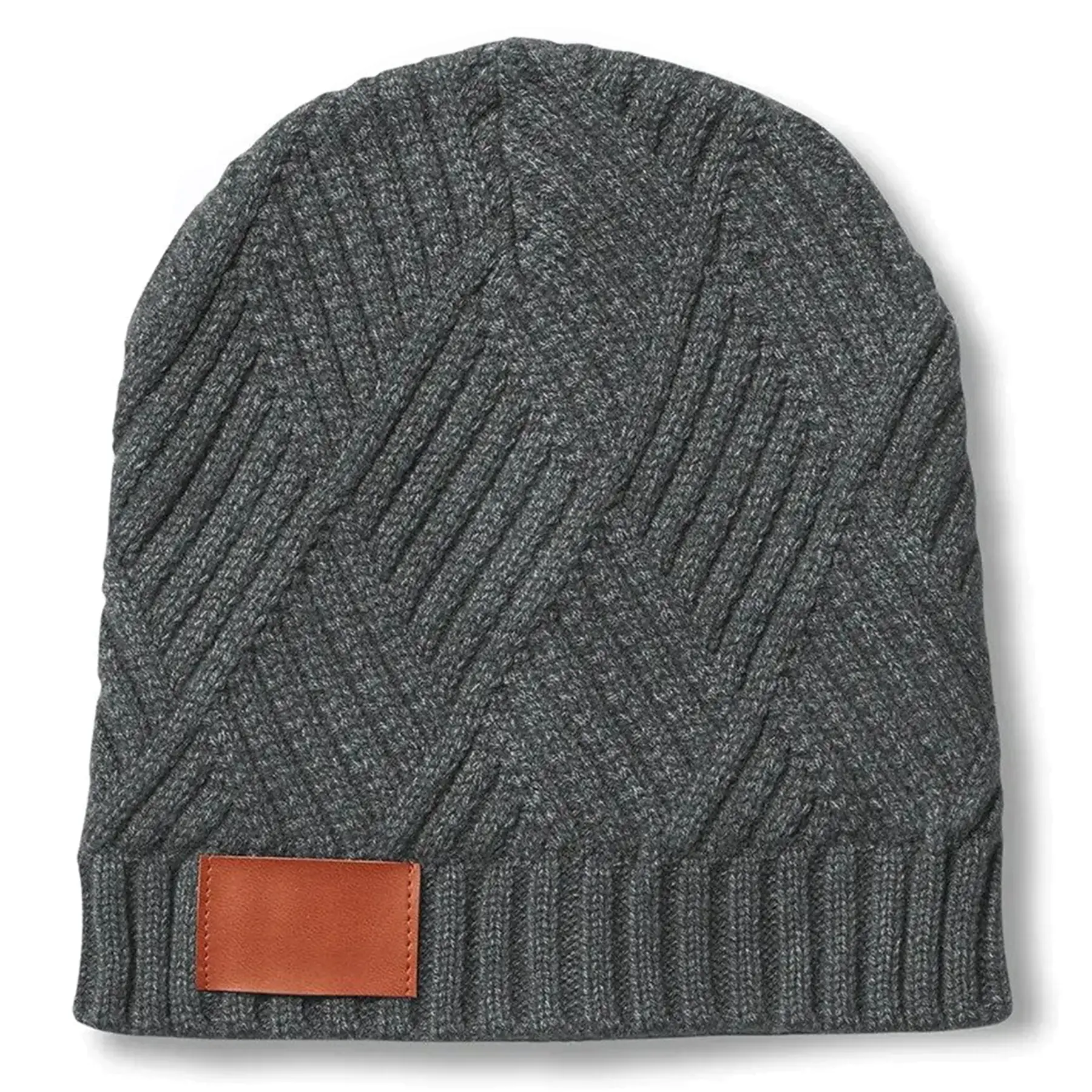 Ribbed Knit Winter Beanie with Faux Leather Emblem