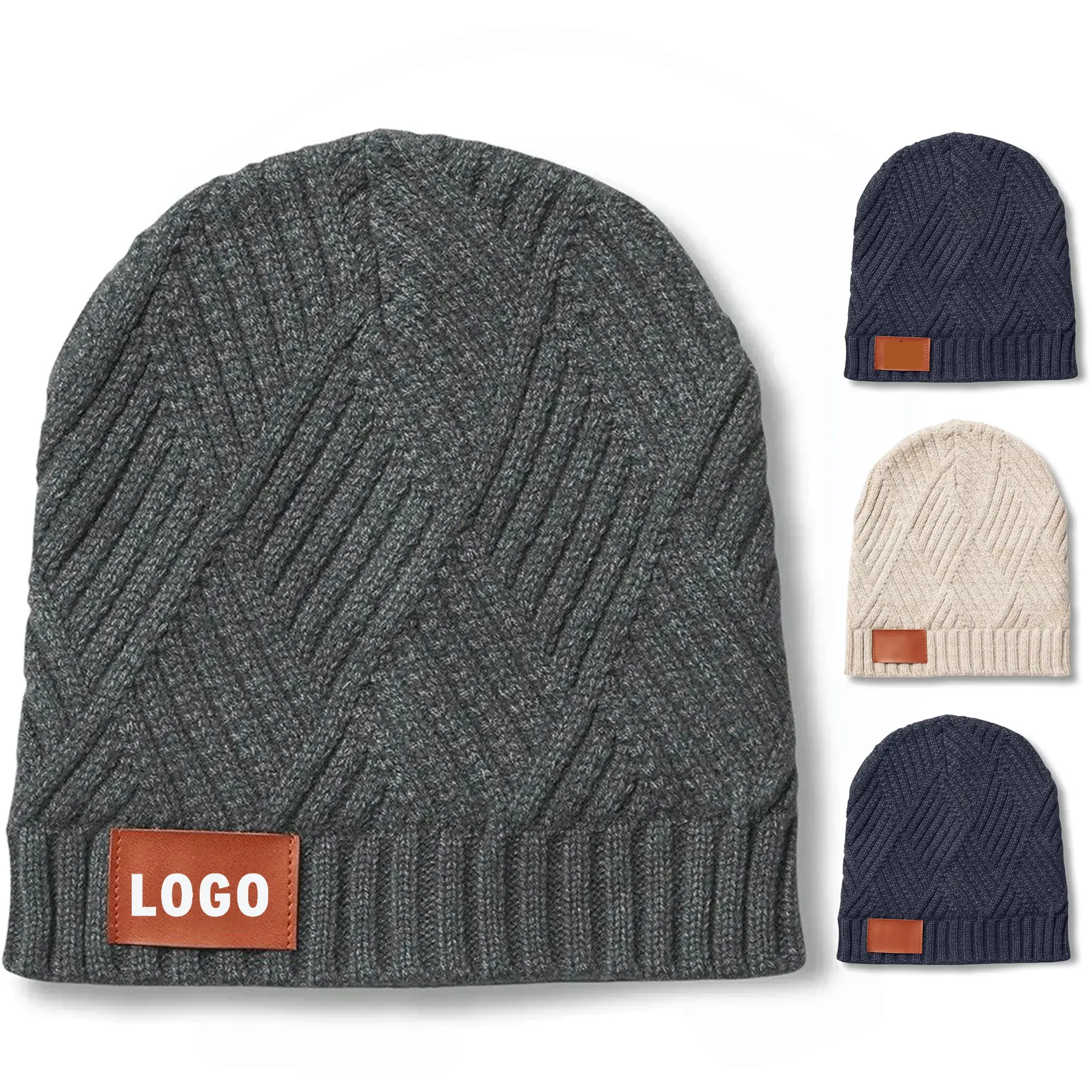 Ribbed Knit Winter Beanie with Faux Leather Emblem 2