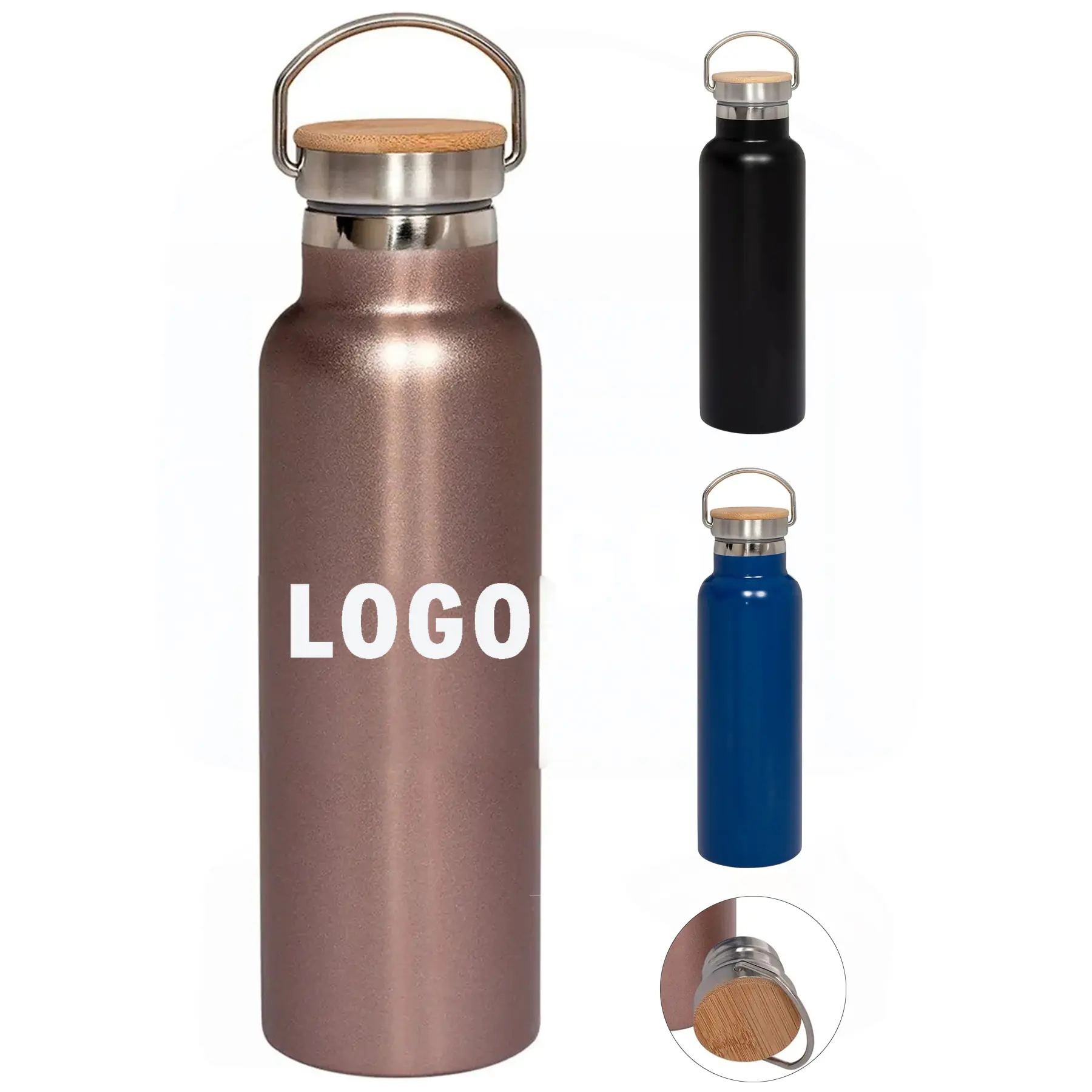Bamboo Lid Insulated Water Bottle 20oz Double Wall Stainless Steel 2