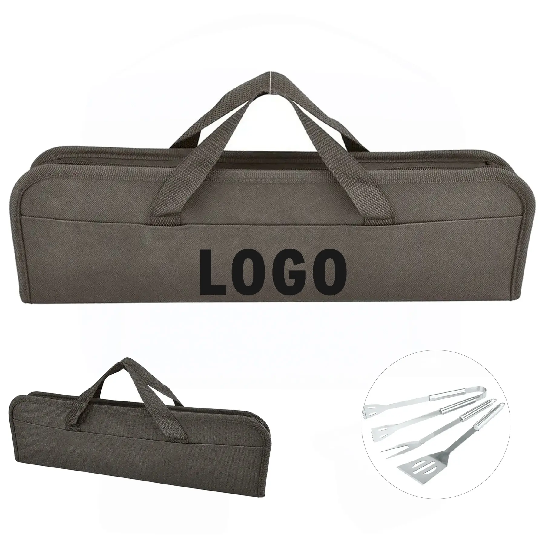 Essential BBQ Tool Trio Kit Polyester Case Spatula Fork Tongs 2