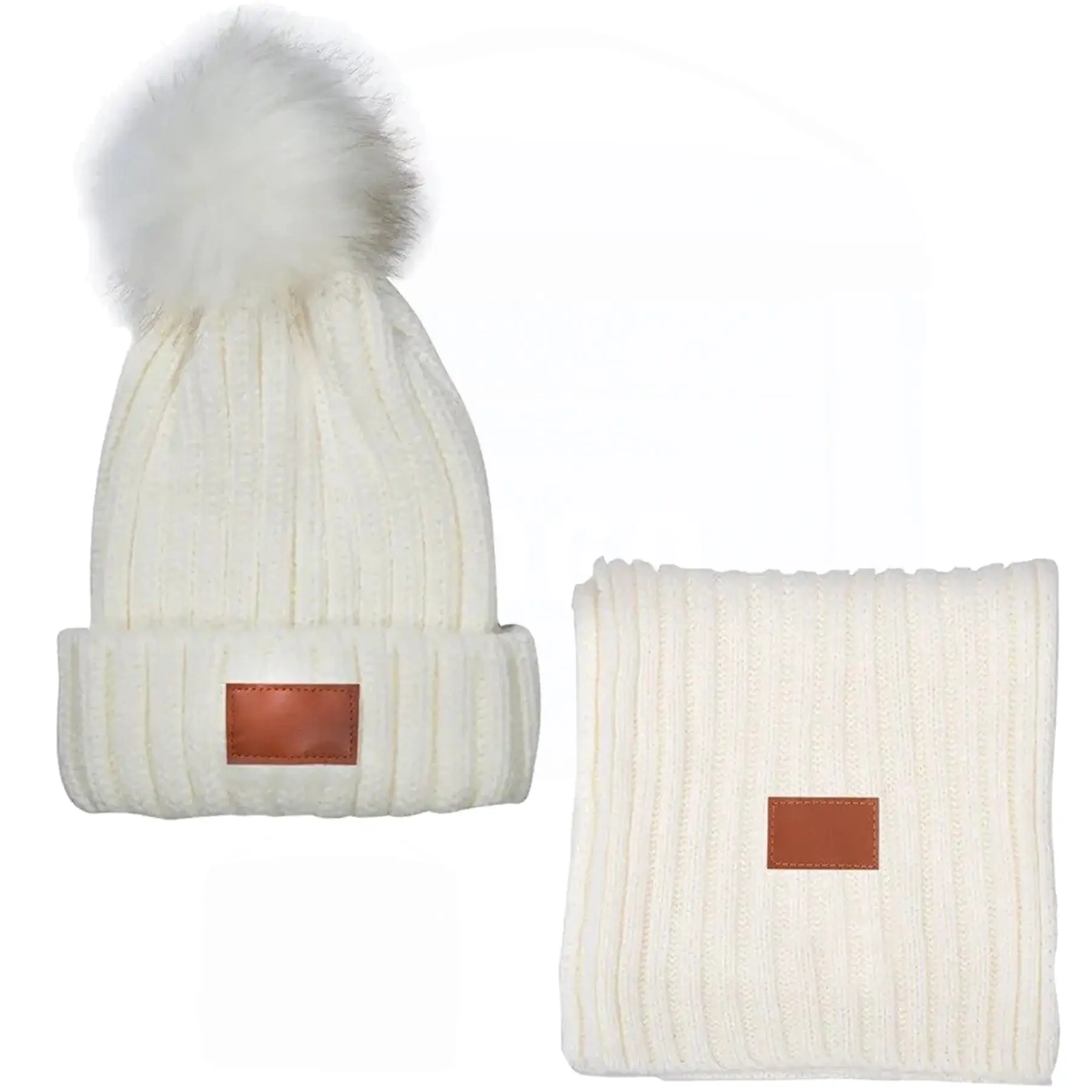 Knit Winter Beanie and Scarf Set with Faux Fur Pom and Leather Patch