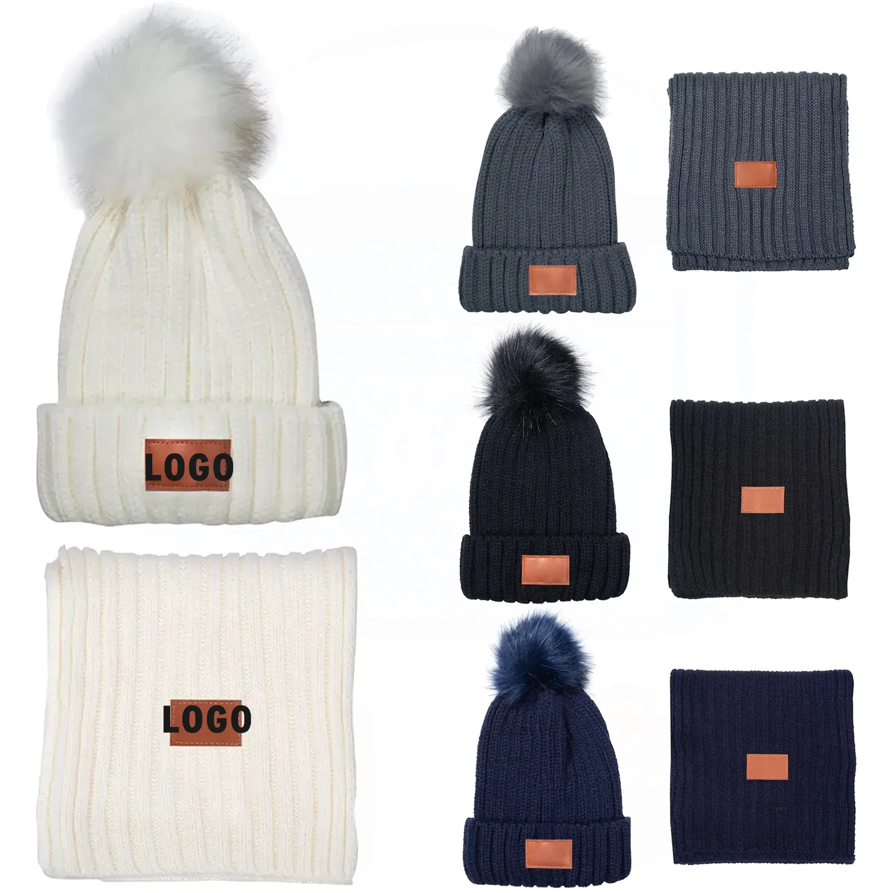 Knit Winter Beanie and Scarf Set with Faux Fur Pom and Leather Patch 2