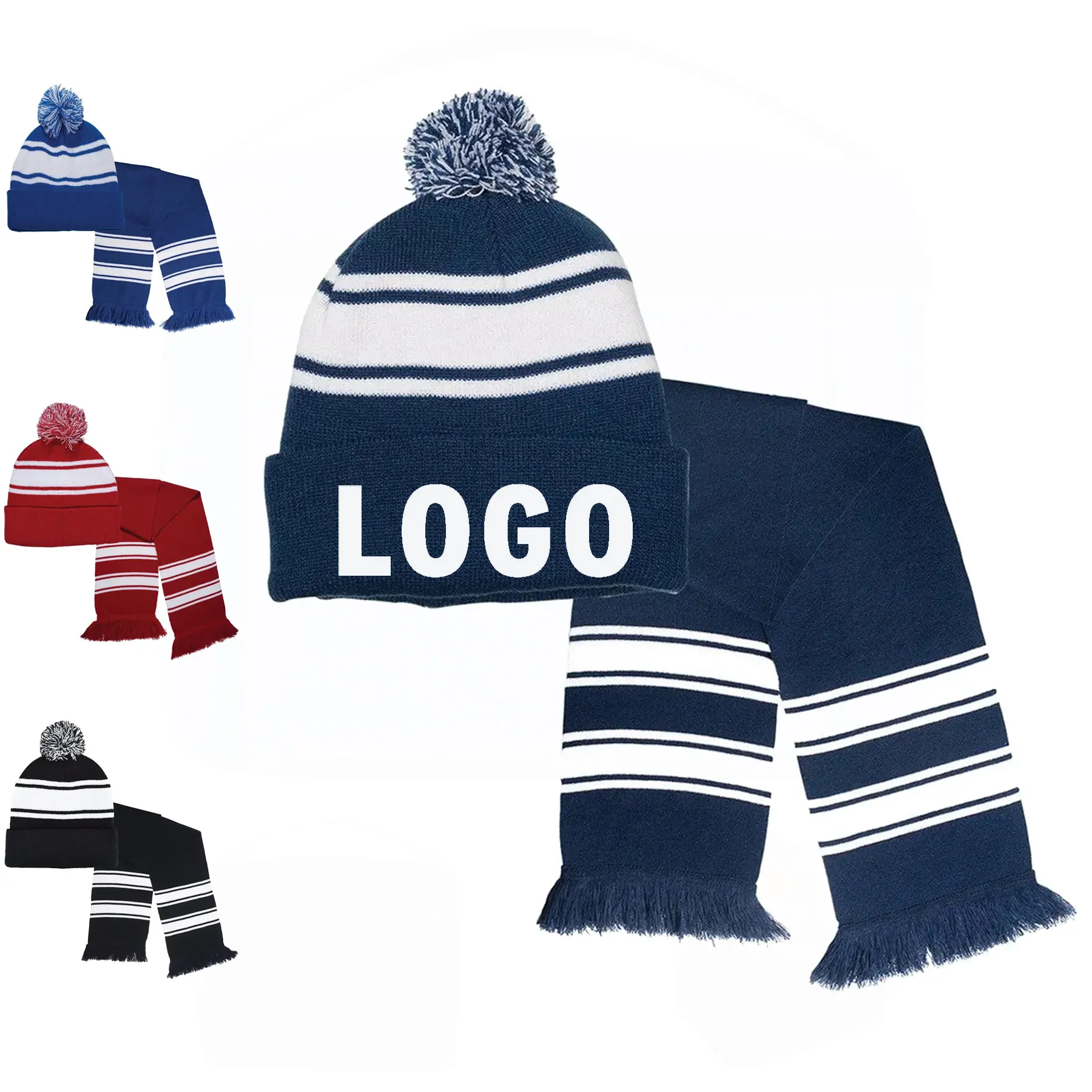 Striped Knit Beanie Scarf Set with Tassels 2