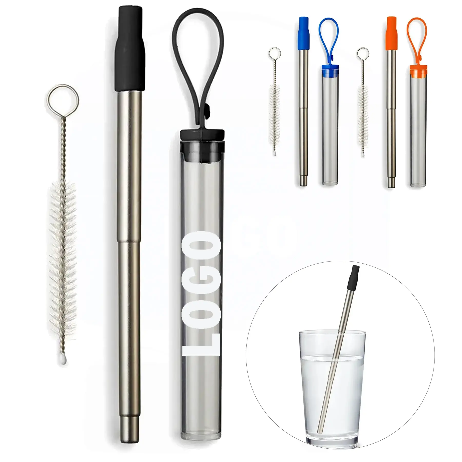 Portable Reusable Stainless Steel Straw Kit Cleaning Brush Case 2