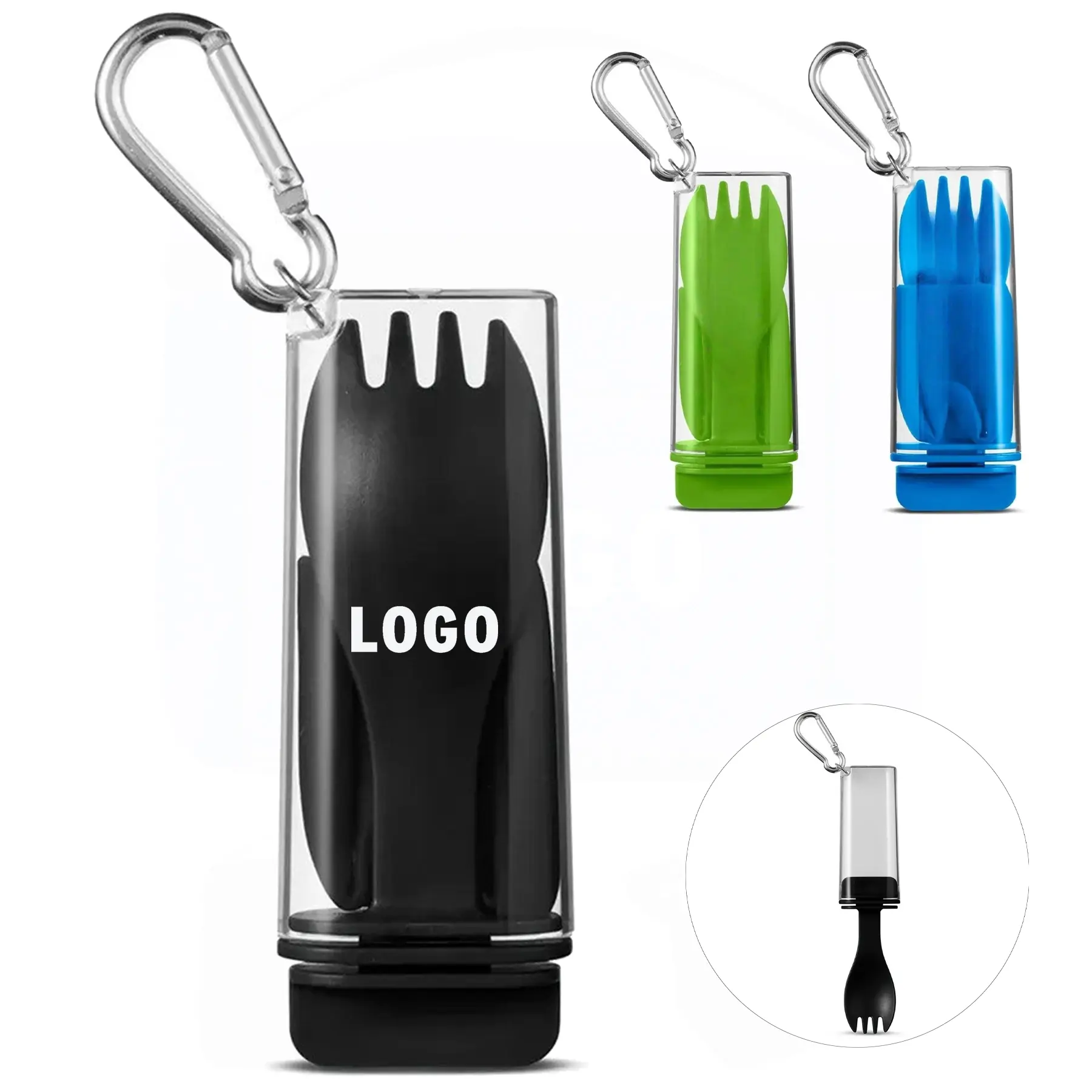 Reusable Silicone Straw Spork Set Carabiner Clip Portable Kit 2