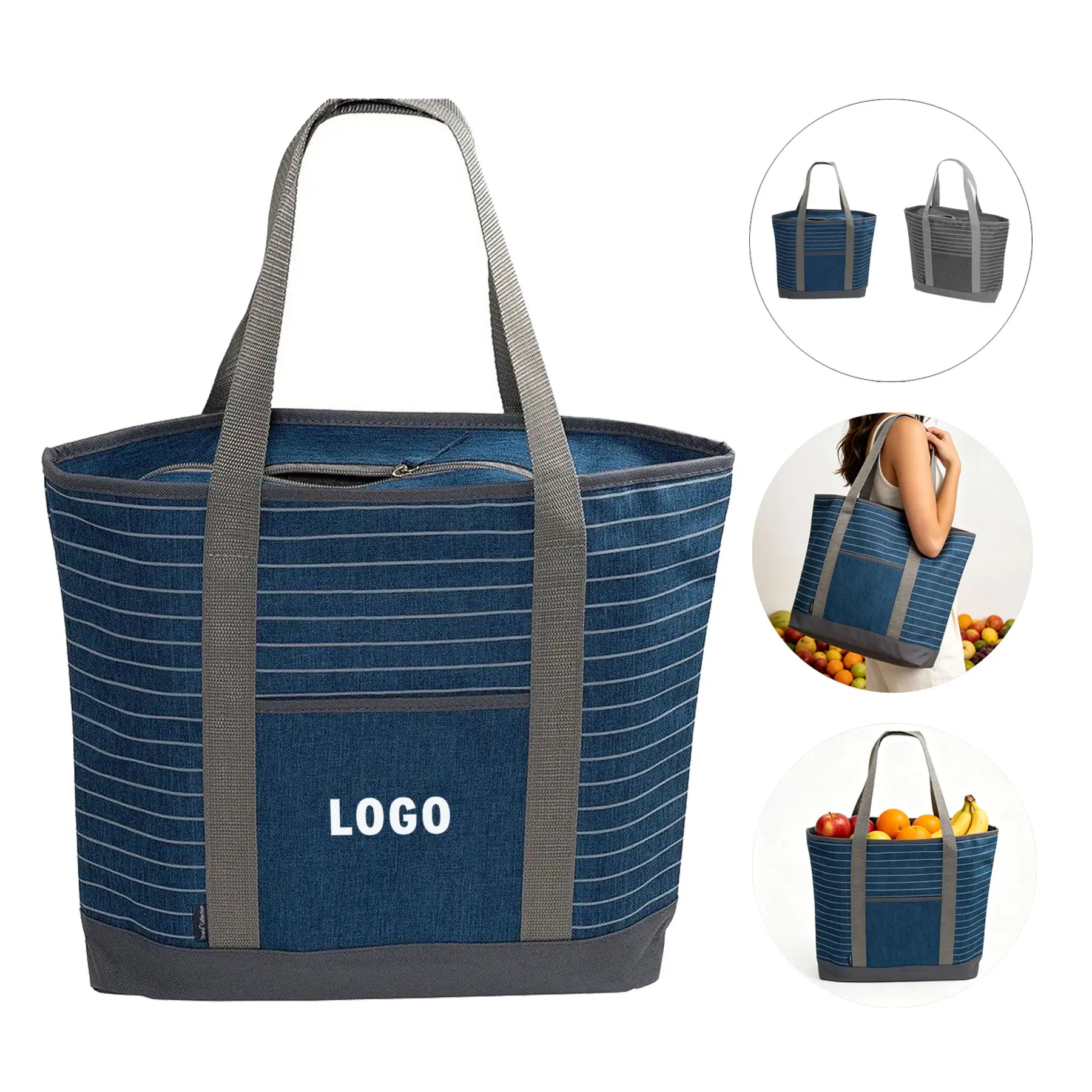 Heathered Gray Striped Canvas Tote Bag 2