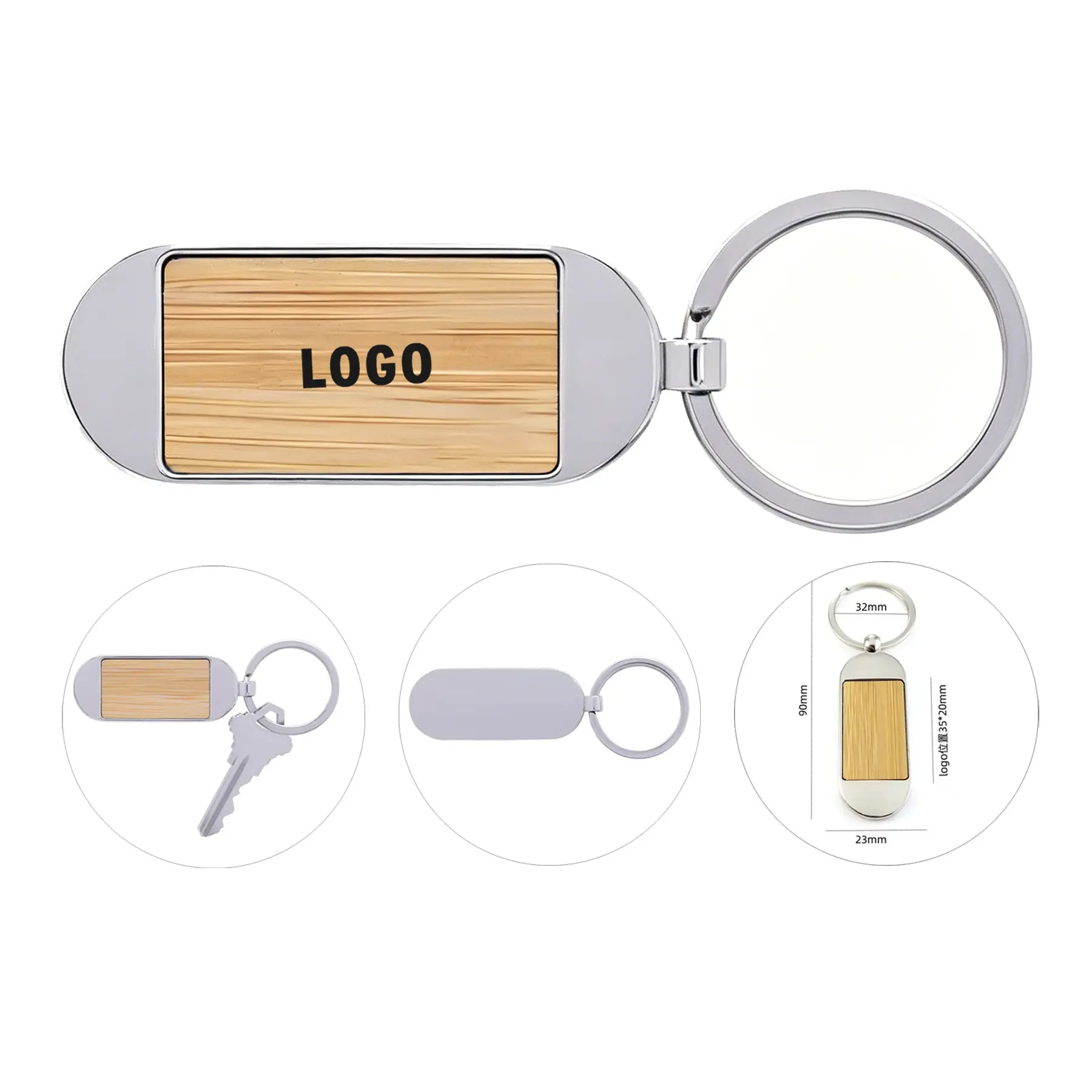 Oval Bamboo Metal Key Tag Ring 2