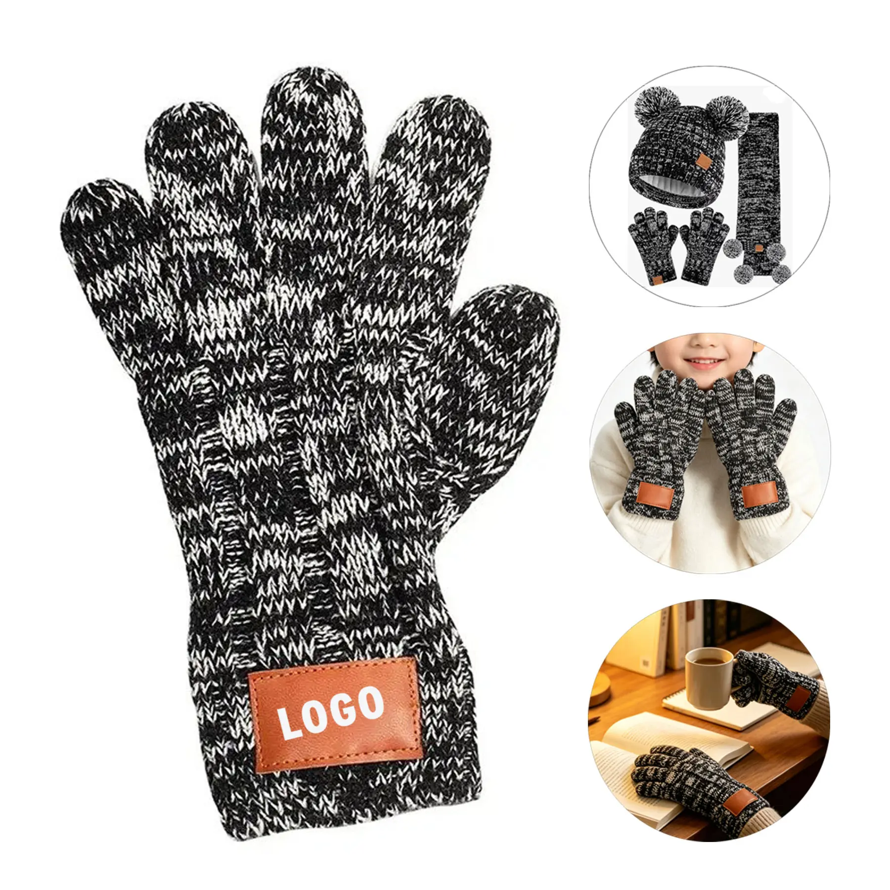 Heathered Knit Winter Gloves with PU Leather Accent 2