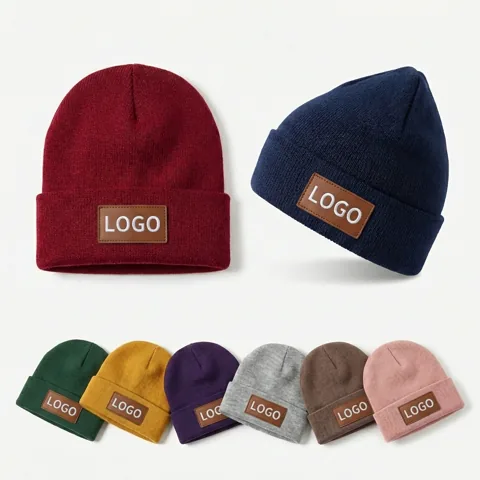 Classic Acrylic Knit Beanie with Faux Leather Branding Patch